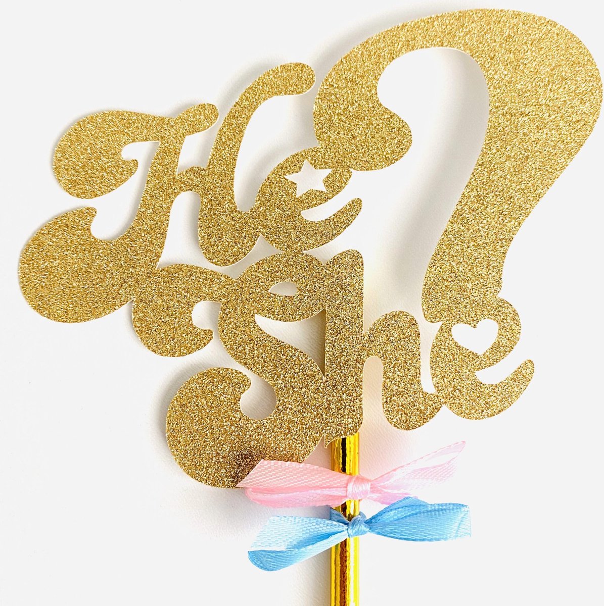 Taarttopper| Cake topper |Baby| He or She| Goud glitter|14 cm| karton